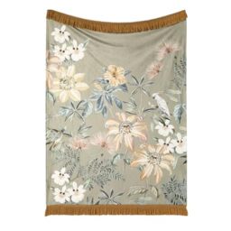 SOIREE - Sage Green Floral Throw Blanket (130 x 180cm) - Botanical Velvet Throw Blanket in Sage Green - Tassel Throw Blanket for Living Room/Bedroom - Luxury Bedding Matching Bedding Available