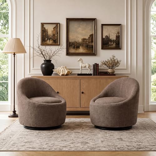 Barrel Swivel Accent Chair with Hidden Storage, 360° Rotating Lounge Chair, Upholstered Breathable Fabric, High Density Foam Seat, Modern Round Armchair for Living Room Bedroom,Brown