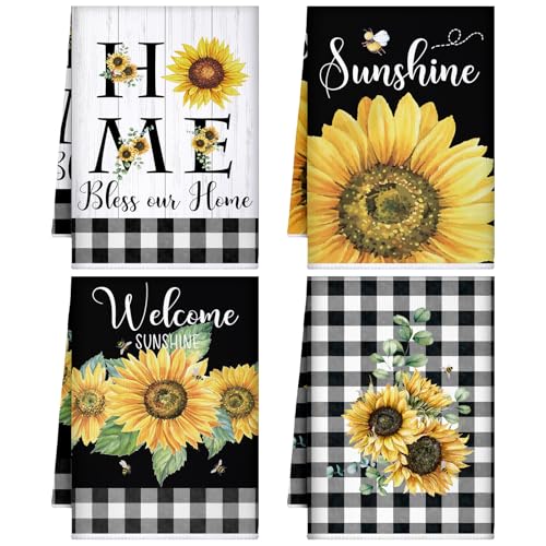 Bencailor 4 Pcs Sunflower Kitchen Towels Spring Summer Flower Floral Sea Beach Lemon Kitchen Hand Dish Towels Fast Drying Decor for Cooking (Dark,Grid)