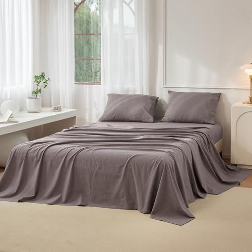 "JIYUAN Cal King Washed Cotton Sheet Set, 4-Piece, Relaxed Linen Feel - Deep Pocket Fits Mattresses up to 17"". Flat Sheet & 2 Pillowcases. Naturally Soft & Breathable. Machine Washable."