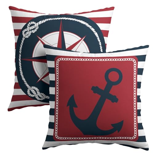 Anchor Compass Throw Pillow Cases Outdoor Nautical Pillow Covers Blue and White Stripes Decorative Cushion Cover 22x22 Inch Red and White Cotton Linen Pillowcases for Beach Coast Home Bedroom