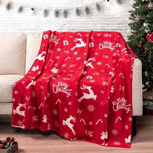 PAVILIA Christmas Throw Blanket - Holiday Christmas Reindeer Snowflakes Fleece Blanket - Soft, Plush, Warm Winter Cabin Throw, 50x60 (Red Reindeer)