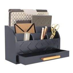 ZALIOJI Elegant Black Wooden Desk Organizer with 6 Compartments and Drawer, Adjustable Mail Sorter for Women