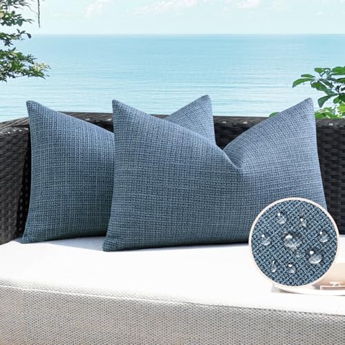 Artscope Outdoor Waterproof Throw Pillow Covers 12x20 Inch Decorative Linen Outdoor Pillows Cushion Case for Patio Couch Sofa - Dark Blue