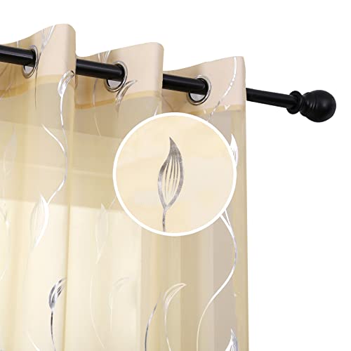 youleyar Silver Foil Print Voile Sheer Curtains, Wicker Grommet Top Window Drapes 63 Inches Long, Luxury Metallic Bronzing Treatment Panels for Home Window Decoration, 2 Panels(Beige,52W x 63L)