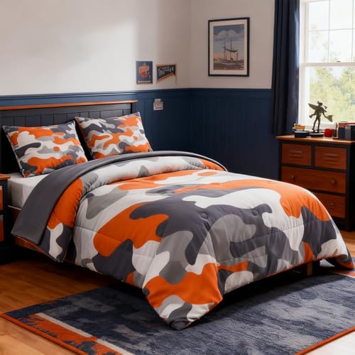 Holawakaka Twin Size Camouflage Bedding Comforter Set with Sheets, Boys Girls Men Camo Bed in A Bag 5 Pieces,Kids Teens Dorm Bed Sets Neutral Farmhouse Lodge Cabin Army Bedspread (Orange, Twin)