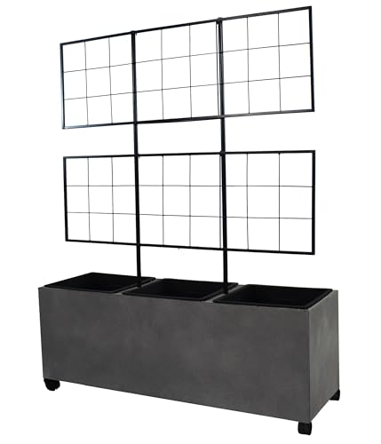 Dehner Milano Lightweight Concrete Garden Planter Trellis Box with Wheels + 3 Plant Inserts, Grey, Approx. W100/H130/D35 cm, Plastic, Gray, one Size