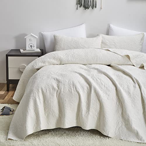 Tache 3 Piece Peaceful Snowfall 100% Cotton Solid White Quilt Bedspread Set