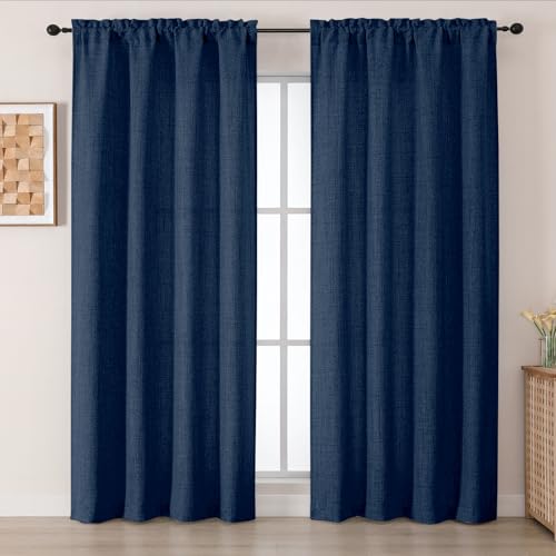 "Chyhomenyc Navy Blue Curtains 84 Inches Long 2 Panels Set, Light Filtering Faux Linen Textured Curtains for Living Room, Soft Airy Farmhouse Rod Pocket Curtain for Bedroom, Each 50"" Wx84 L, 2PCS"