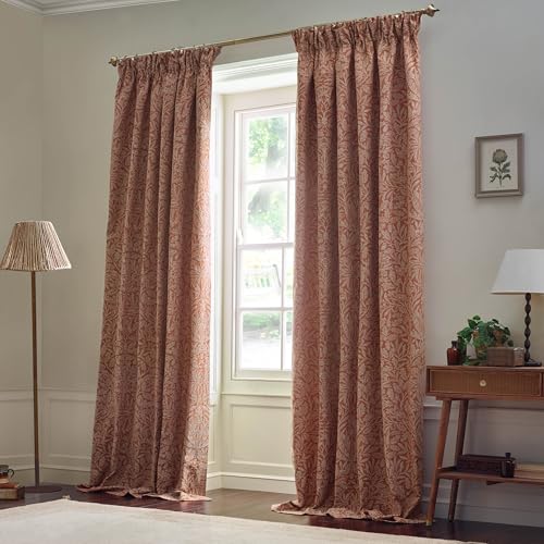 Morris&Co. Acorn Tonal Pencil Pleat Curtain Pair – Lined Matt Jacquard Drapes with Botanical Floral Design (Brick - 229x229cm)
