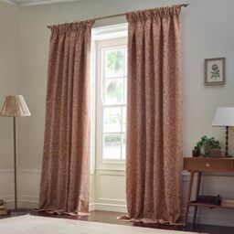 Morris&Co. Acorn Tonal Pencil Pleat Curtain Pair – Lined Matt Jacquard Drapes with Botanical Floral Design (Brick - 229x229cm)