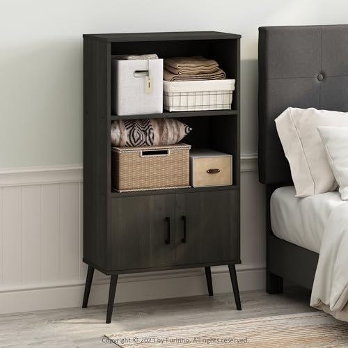 Furinno MIDCENTURY Storage Cabinet, 3 Tier Accent Cabinet with Open Shelves, Closed Cabinet, Wooden Legs, Organization and Storage, for Living Room, Home Office, Espresso
