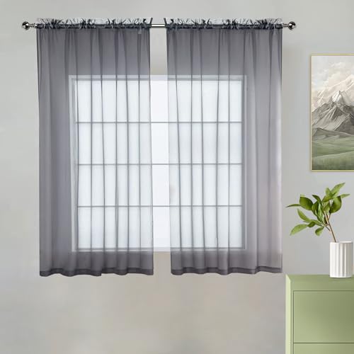 youleyar Solid Sheer Rod Pocket Curtain Voile Draperies 2 Panels White Beige Black Grey Coffee 38 Inch Width 54 Inch Long 1 Pair for Kitchen Bedroom Children Living Room Yard(Grey,38W???54L)