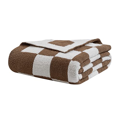 bearberry Fuzzy Checkerboard Grid Throw Blanket Soft Cozy Warm Microfiber All Season Blanket Decor for Couch Sofa Bed Travel Home (Mocha, 50''x60'')