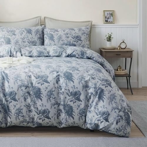 Cozaline 100% Cotton Duvet Cover Set King ??? Blue Grey Foliage Print Bedding Set 3 Pieces, Breathable Lightweight Comforter Cover with Zipper Closure, French Country Vintage Floral Bed Set