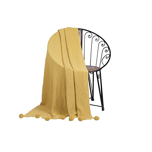 Penguin Home Knitted Throw Blanket with Pom Poms 100% Cotton - Versatile Soft Warm Blanket Fluffy Throws for Sofa Couch Single Size - 130x150 cm - Ochre Colour