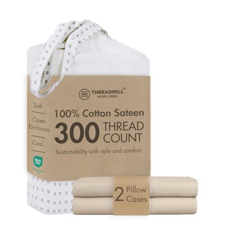 Threadmill Home Linen 300 Thread Count 100% Long Staple Cotton King Pillowcases, Set of 2 King Pillowcases, Luxury Bedding, Smooth Sateen Weave, King Size, Beige