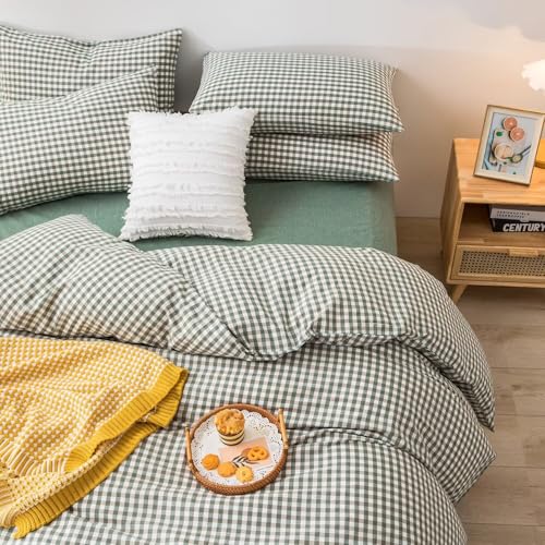 mixinni Green Gingham Comforter Set Twin XL, Plaid Comforter Set 3 Pieces 1 Green Grid Comfoter with 2 Pillow Cases for All Seasons, Soft Fluffy Modern Grid Pattern Printed Bedding-Twin XL Size