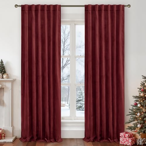 LAMIT Red Velvet Curtains for Living Room Theater, 102 Inch Thermal Insulated Panels Vintage Room Darkening Back Tab and Rod Pocket Christmas Drapes for Bedroom, 2 Panels, 52 x 102 Inch