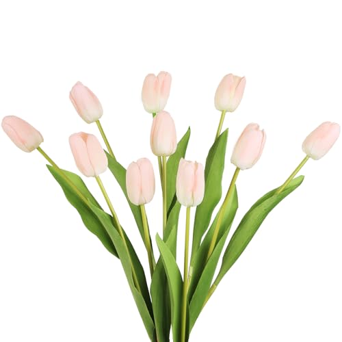 "IPOPU 10PCS Real Touch Light Pink Tulips Artificial Flowers 18.9"" Fake Tulips Real Feel Faux Spring Flowers for Wedding Party Easter Home Kitchen Garden Decoration (Light Pink)"