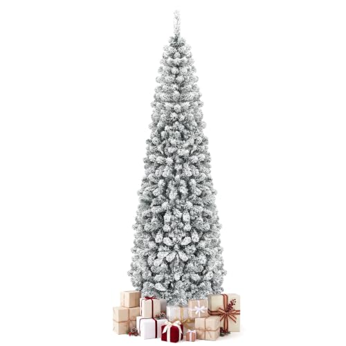 COSTWAY Artificial Christmas Tree 225 cm with Snow, Narrow Christmas Tree - Pencil Christmas Tree with 641 PVC Tips & Metal Stand, Quick Assembly, Artificial Christmas Tree, White