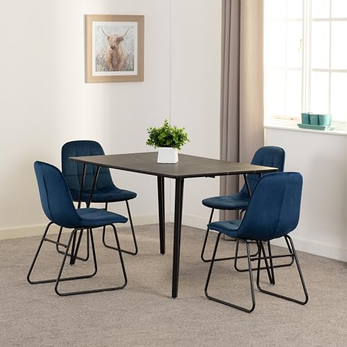 Seconique Marlow Dining Set with Lukas Chairs in Black Marble Effect/Black/Sapphire Blue Velvet