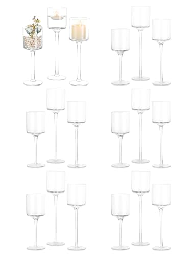 Inweder Tall Tea Lights Candle Holder, Elegant Clear Long Stem Glass Candle Holders for Pillar Candles, Floating Candle Holder for Wedding, Party, Home Decor, Set of 18