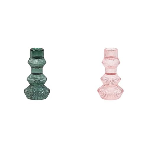 Ribbed Tall Candle Holder Green & Ribbed Tall Candle Holder Pink Bundle