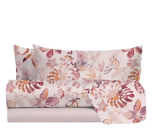 hermet Double Bed Sheet Set in 100% Cotton Pattern, Double Bed Set, Top Sheet + Fitted Sheet + 2 Pillowcases, Nives Peach