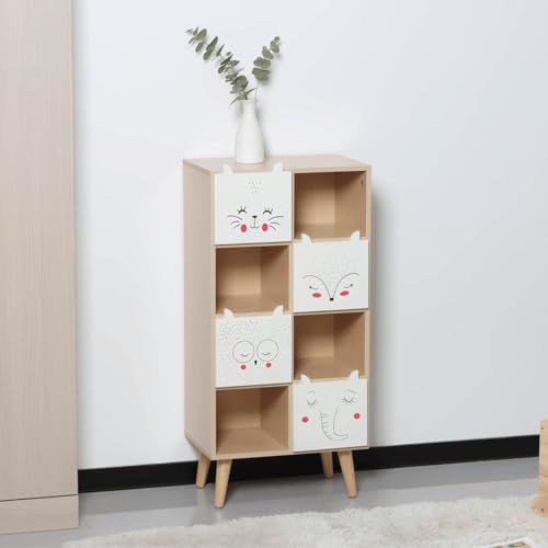 Home Source Kids Storage Cabinet ??? White Wooden Toy & Book Organiser with Animal Print Drawers ??? Children???s Storage Unit with Shelves & Wooden Legs ??? MDF Furniture, Flat Packed