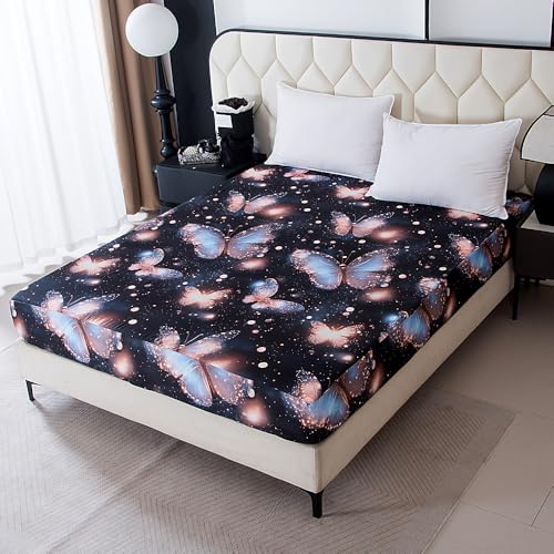 NATURETY Bedding Fitted Sheet with Deep Pocket,3D Pattern Printed Fabric Bed Sheets (Black Butterfly, King)