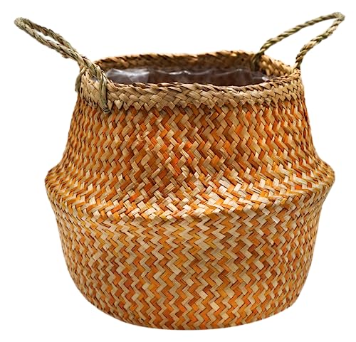 Ivyline Small Seagrass Chevron Lined Basket in Amber - Waterproof and Lightweight - Woven Seagrass Holder with Handles for Houseplants - H25cm x D30cm