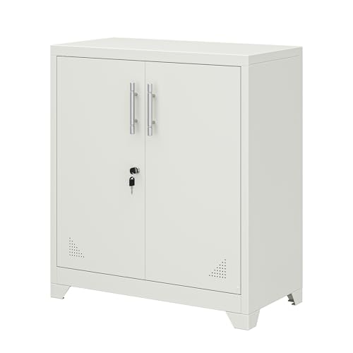 YITAHOME Office Storage Cabinet, Metal Office Storage Cupboard with 2 Adjustable Shelves, 80 x 40 x 90cm, Lockable Filing Cabinets with Ventilation Holes for Home Office Garage Gym School, White