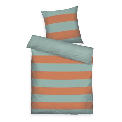 Herding Tom Tailor Bed Linen, Bold Stripes, Warm Coral & Fresh Sage, 80 x 80 cm + 135 x 200 cm, 100% Cotton/Renforcé, with Reversible Motif and Coloured Branded Zip