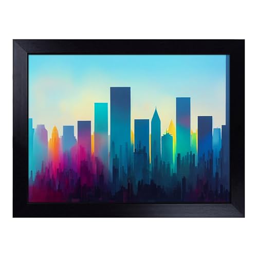 Lap Tray with Bean Bag Cushion, City Skyline Splash Abstract - Handmade in the UK, Raised Wooden Edge, Padded Cushion, Heat-Resistant Wipe-Clean Surface, for Meals, Laptops and Crafts