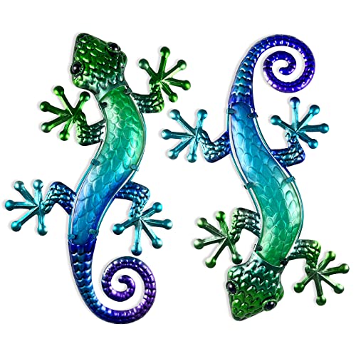 "HONGLAND Metal Wall Art 2 Pack, 15"" Gecko Garden Ornaments Outdoor, Hanging Lizard Garden Wall Art Decor for Fence, Patio & Home"