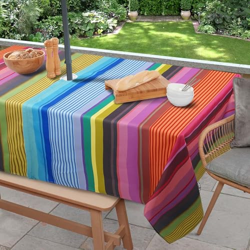 "Virtumob Outdoor Tablecloth with Umbrella Hole and Zipper, Rectangle Patio Table Covers for Spring/Summer, Machine Washable Outdoor Picnic Table Cloth (02stripes, 60"" ?? 120"" Rectangular)"