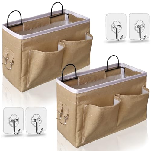 Kanrichu 2pcs Middle Wall Hanging Organizer Bag, Linen Fabric Door Hanging Storage Basket with Pockets, Waterproof Bin for Kitchen, Bedroom, Office, RV Camper (Khaki)