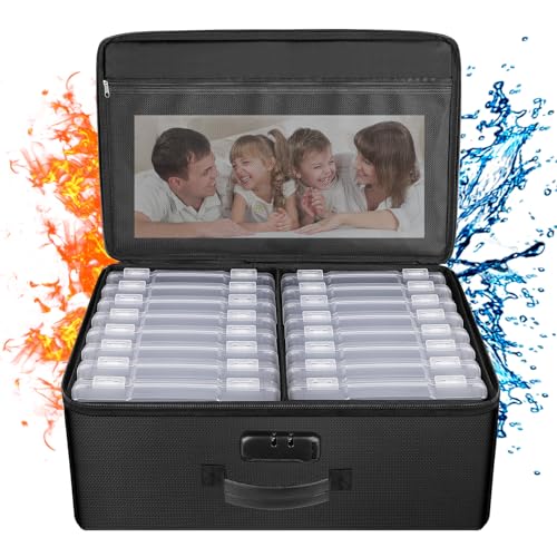 "ENGPOW Fireproof Photo Storage Box 5"" x 7"" Photo Case(Clear),16 Inner Photo Keeper Organizer with Lock, Collapsible Portable Acid-Free Photo Storage Container with Handle for Picture, Valuables"
