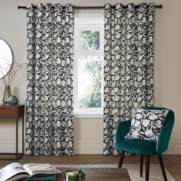 "Fusion - Charcoal Black Floral Curtains W90 x L90"" (229 x 229cm) - 2 Panels - 100% Cotton - Matching Cushion Available - Vintage Drapes - Flower Eyelet - Soundproof for Bedroom"