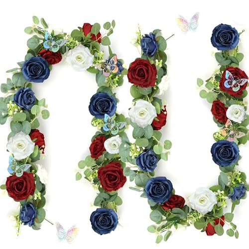 12FT Artificial Eucalyptus Flower Garland with Butterflies - Pack of 2 Fake Rose Faux Greenery Eucalyptus Garlands for Wedding Table Backdrop Centerpieces Decorations - Navy Blue & Burgundy& White