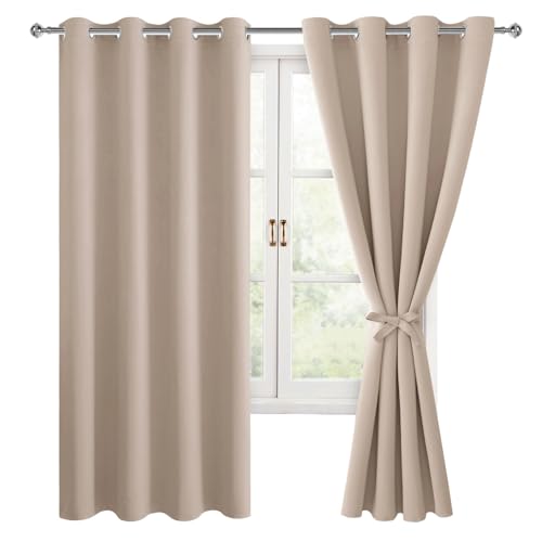 Hiasan Blackout Curtains for Bedroom, 52 x 63 Inches Length - Thermal Insulated & Light Blocking Window Curtains for Living Room/Kids Room, 2 Drape Panels Sewn with Tiebacks, Camel