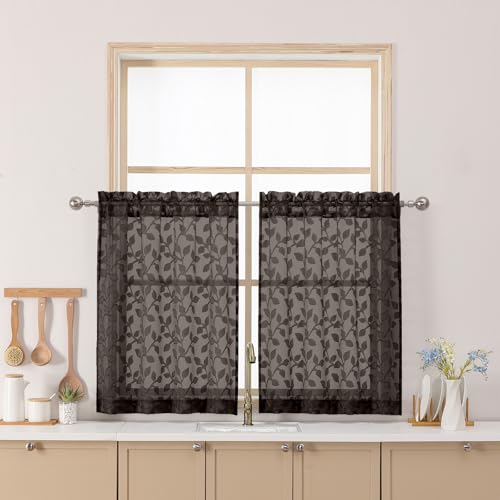 "Chyhomenyc Chocolate Sheer Curtains 30 Inch Length, Light Filtering Leaf Tufted Textured Small Window Kitchen Curtain Over Sink, Short Half Window Curtains for Bathroom Basement, 28"" Wx30 L, 2 Panels"