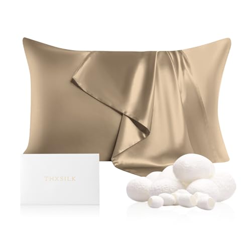 "THXSILK 100% Mulberry Silk Pillowcase for Hair and Skin, Grade 6A+ Mulberry Silk Pillow Case 22 Momme, Hypoallergenic Pillow Case Cover with Zipper, 1pc (Queen 20""x30"", Taupe)"