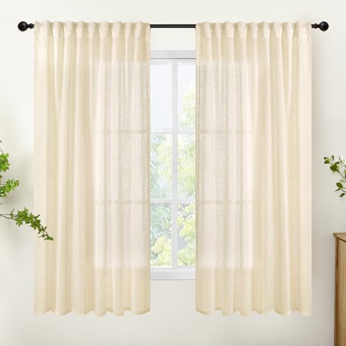 YoungsTex Linen Semi Sheer Curtains 63 Inch Length - Light Filtering Drapes with Back Tab Rod Pocket Lightweight for Living Room Window, Chamapgne, 2 Panels, 52 X 63 Inch