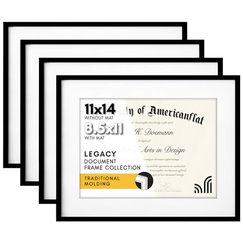 Americanflat 11x14 Diploma Frames in Black - Set of 4 - Displays 8.5x11 Diplomas with Mat or Use as 11x14 Frames Without Mat - Document Frames with Shatter Resistant Glass and Wall Hanging Hardware
