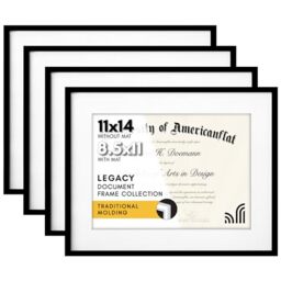 Americanflat 11x14 Diploma Frames in Black - Set of 4 - Displays 8.5x11 Diplomas with Mat or Use as 11x14 Frames Without Mat - Document Frames with Shatter Resistant Glass and Wall Hanging Hardware