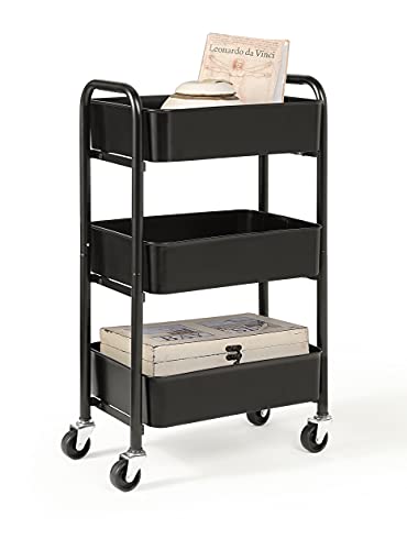 "SunnyPoint 3-Tier Delicate Compact Rolling Metal Storage Organizer - Mobile Utility Cart Kitchen/Under Desk Cart with Caster Wheels (BLK, Compact (15.5"" X 26.8"" X 10.27""))"