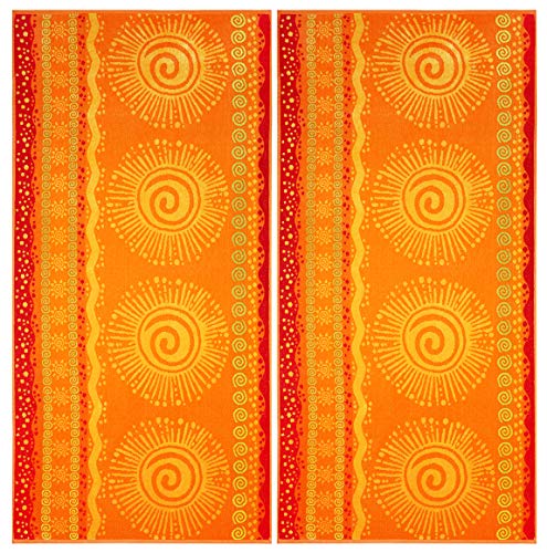 COTTON CRAFT - 2 Pack- Jacquard Double Woven Velour Beach Towel 39x68 Inches-Sunshine Orange Yellow-Thick Plush Luxurious Velour Pile-450 GSM-100% Pure Ringspun Cotton-Brilliant Vibrant Colors