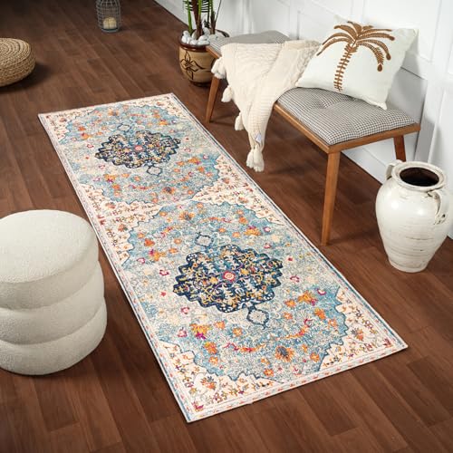 Livabliss Chinu Erfoud Vintage Runner 80x220 cm – Traditional Boho Pattern for Hallway & Kitchen Area, Easy Care, Light Blue, Orange, Navy & Beige